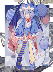  1girl absurdres asymmetrical_legwear balloon blue_hair blue_hat blue_shirt blue_shoes blue_thighhighs bow bowtie full_body hat highres jester_cap long_sleeves looking_at_viewer mismatched_legwear original red_bow red_bowtie shirt shoes sleeves_past_fingers sleeves_past_wrists solo soresaki standing striped_clothes striped_thighhighs thigh-highs yellow_thighhighs 