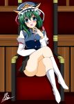  1girl blue_eyes blush chair crossed_legs green_hair hat open_mouth ougi_(ihayasaka) shiki_eiki sitting solo thighs touhou 