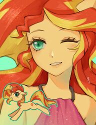  1girl :d ;d aegyo_sal animal animal_ears aqua_background aqua_outline arms_at_sides bare_shoulders blonde_streaks choco_hosikawa colored_skin commentary_request dual_persona equestria_girls:_forgotten_friendship eyelashes film_grain green_eyes grin highres horse_ears horse_girl long_hair looking_to_the_side multicolored_hair my_little_pony my_little_pony:_equestria_girls my_little_pony:_friendship_is_magic one_eye_closed outline parted_bangs pink_shirt portrait red_hair shirt sidelocks simple_background sleeveless sleeveless_shirt smile solo_focus streaked_hair sunset_shimmer sunset_shimmer_(human) sunset_shimmer_(unicorn) translation_request two-tone_hair unicorn yellow_skin 