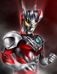  1boy abs alien arm_spikes armor chest_guard clenched_hand collarbone color_timer colored_skin commentary eye_slugger forehead_jewel gem giant giant_male glowing glowing_eyes green_gem grey_background hanejidyna86 head_down highres looking_down male_focus multicolored_skin no_pupils open_hand pectorals red_skin shoulder_armor silver_skin solo spoilers standing tokusatsu toned toned_male twitter_username two-tone_skin ultra_galaxy_(series) ultra_series ultraman_zero ultraman_zero_(cosmo_rise) upper_body wrinkled_skin yellow_eyes 