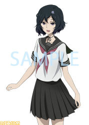  1boy anime_coloring bare_legs black_hair black_sailor_collar crossdressing hair_ornament lowres medium_hair miniskirt neck_ribbon neckerchief official_art open_mouth pleated_skirt promotional_art red_neckerchief ribbon sailor_collar sample_watermark school_uniform science_adventure serafuku short_sleeves skirt skull_hair_ornament smile solo steins;gate urushibara_luka watermark 