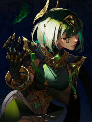  1girl ancient_egyptian_clothes arm_under_breasts bracelet breasts chess_piece claw_ring ear_covers elbow_gloves facial_mark gem genshin_impact gloves green_eyes green_gem green_hair green_shirt hairband headgear highres jewelry looking_to_the_side medium_breasts mole mole_under_eye nefer_(genshin_impact) parted_lips shirt short_hair skirt smile solo tagcaat upper_body white_skirt 