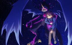  2boys absurdres amanokawa_hiro black_sclera blue_cape brown_hair cape carrying carrying_person colored_sclera colored_skin digimon digimon_(creature) digimon_ghost_game flying green_eyes gulusgammamon highres hood hoodie horns jacket looking_at_another male_focus multiple_boys noire02_a red_claws sharp_teeth sky smile star_(sky) starry_sky teeth triceratops yellow_claws 