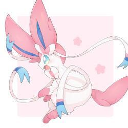  aqua_eyes blush border cosmos3572 highres no_humans open_mouth outside_border pink_background pokemon pokemon_(creature) pokemon_focus solo sylveon white_border 
