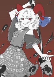  1girl absurdres alt_text bluerhozu commentary_request curly_hair detached_sleeves dress eye_print greyscale_with_colored_background grin highres holding holding_spoon horn_ornament horn_ribbon horns meandros medium_hair oversized_object patterned_clothing petroleum pointy_ears red_background red_eyes red_horns ribbon sheep_horns smile solo spoon spot_color touhou toutetsu_yuuma 