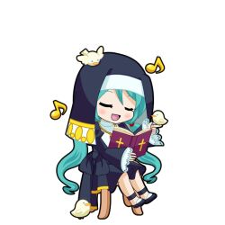  1girl :d animal_on_head ankle_strap aqua_hair bell_sleeves bible_(object) bird bird_on_hand bird_on_head black_dress black_outline black_shirt black_veil blush book chibi chibi_only closed_eyes cross dress eighth_note full_body game_asset hair_tie hatsune_miku hatsune_miku_graphy_collection holding holding_book jewelry latin_cross long_hair long_sleeves looking_at_viewer low_twintails musical_note necklace nun on_head on_stool open_mouth outline puritan_collar reading shirt singing sitting smile solo stool transparent_background twintails veil very_long_hair vocaloid 