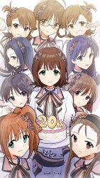  6+girls absurdres akizuki_ritsuko amami_haruka antenna_hair black_hair black_hairband blue_hair braid brown_eyes brown_hair cake closed_mouth commentary dated dress food futami_ami futami_mami glasses green_eyes grin hagiwara_yukiho hair_ornament hairband highres holding holding_cake holding_food idolmaster idolmaster_(classic) idolmaster_1 kikuchi_makoto kisaragi_chihaya long_hair looking_at_viewer minase_iori miura_azusa multiple_girls neck_ribbon nnnn official_alternate_costume ribbon short_hair side_ponytail smile standing takatsuki_yayoi twin_braids white_dress you_and_i!_(idolmaster) 