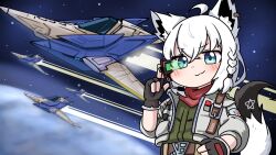  1girl ahoge animal_ear_fluff animal_ear_piercing animal_ears aqua_eyes arwing bandana bandana_around_neck black_gloves braid commentary cosplay derorean1212 fingerless_gloves fox_ears fox_girl fox_mccloud fox_mccloud_(cosplay) fox_tail gloves green_shirt highres jacket looking_at_viewer open_clothes open_jacket pentagram red_bandana scouter shirakami_fubuki shirt single_braid solo space star_fox tail virtual_youtuber white_hair white_jacket 