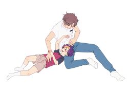  2boys blonde_hair brothers brown_hair closed_eyes commentary_request digimon digimon_beatbreak hand_on_another's_stomach headpat highres korean_commentary looking_at_another male_focus multicolored_hair multiple_boys noire02_a pants shirt shorts siblings simple_background sleeveless smile socks tenma_asuka tenma_tomoro two-tone_hair two-tone_shirt violet_eyes white_background white_shirt white_socks 