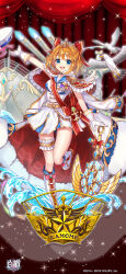  1girl absurdres arm_up baizu_(guszx) bird blue_eyes blush boots bow breasts character_name cloak curtains full_body fur-trimmed_cloak fur_trim gloves hair_intakes half_updo hat highres kamome_narumi leg_up lips looking_at_viewer medium_breasts miniskirt official_art official_wallpaper open_mouth orange_hair outstretched_arm red_cloak sailor sailor_hat seagull shironeko_project skirt sleeveless smile solo splatter standing standing_on_one_leg thigh_strap thighs tiara white_gloves 
