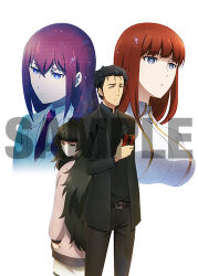  1boy 3girls belt belt_buckle black_coat black_hair black_pants black_shirt black_sweater_vest black_vest blunt_bangs breasts brown_belt brown_jacket buckle closed_lab_coat coat collared_shirt dress dress_shirt green_hair hair_between_eyes height_difference hiyajou_maho holding holding_phone jacket lab_coat large_breasts leather_belt long_hair long_sleeves looking_ahead looking_at_viewer lowres makise_kurisu makise_kurisu_(amadeus) messy_hair multiple_girls official_art okabe_rintarou okabe_rintarou_(beta) pants phone promotional_art red_hair sample_watermark science_adventure shiina_kagari shirt short_hair simple_background small_breasts steins;gate steins;gate_0 sweater_vest very_long_hair vest violet_eyes watermark white_background white_dress yellow_eyes 