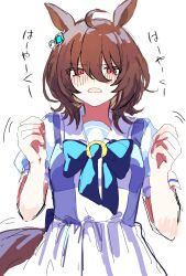  1girl agnes_tachyon_(umamusume) ahoge animal_ears blush bow bowtie breasts brown_hair earrings hair_between_eyes highres horse_ears horse_girl horse_tail jewelry looking_at_viewer medium_hair open_mouth pleated_skirt poposhika puffy_short_sleeves puffy_sleeves purple_bow purple_bowtie purple_shirt red_eyes sailor_collar sailor_shirt school_uniform shirt short_sleeves single_earring skirt solo tail tracen_school_uniform umamusume white_sailor_collar white_skirt 