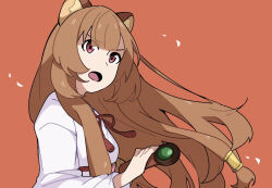  1girl :o alternate_breast_size_(smaller) animal_ear_fluff animal_ears blunt_bangs breasts brown_hair commentary_request floating_hair hair_between_eyes hair_tubes holding holding_sword holding_weapon katana kosode long_hair long_sleeves metal_hair_tubes neck_tassel nimi_(vjej7357) official_alternate_costume open_mouth orange_background raccoon_ears raccoon_girl raphtalia simple_background small_breasts solo straight_hair sword tassel tate_no_yuusha_no_nariagari upper_body v-shaped_eyebrows vassal_katana_(tate_no_yuusha_no_nariagari) weapon white_kosode 