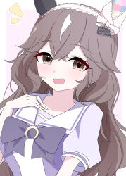  1girl absurdres animal_ears arnolddayo blush bow bowtie breasts brown_eyes brown_hair commentary_request curren_bouquetd'or_(umamusume) ear_covers hair_between_eyes hairband highres horse_ears horse_girl long_hair looking_at_viewer medium_breasts mismatched_ear_covers multicolored_hair open_mouth puffy_short_sleeves puffy_sleeves purple_bow purple_bowtie purple_shirt sailor_collar sailor_shirt school_uniform shirt short_sleeves smile solo streaked_hair sweatdrop tracen_school_uniform umamusume upper_body white_hairband white_sailor_collar white_streaks 