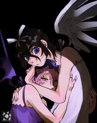  2girls alien_stage angel_wings artist_logo artist_name black_background black_dress black_hair black_wings blue_eyes crying demon_wings dilated_pupils dress hair_between_eyes hair_ribbon hani_(pharmacyofheart) highres hug logo mizi_(alien_stage) multiple_girls official_alternate_costume pink_hair ribbon short_hair sleeveless sleeveless_dress sua_(alien_stage) white_dress white_ribbon white_wings wings yellow_eyes 