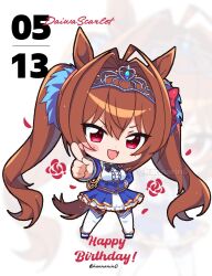  1girl aiguillette animal_ears black_bow black_thighhighs blue_jacket blush bow breasts brown_hair center_frills character_name chibi commentary_request daiwa_scarlet_(peak_blue)_(umamusume) daiwa_scarlet_(umamusume) epaulettes fang flower frills garter_straps hair_intakes happy_birthday highres horse_ears horse_girl horse_tail jacket juliet_sleeves kanntsukirin large_breasts layered_skirt long_hair long_sleeves looking_at_viewer open_mouth petals puffy_sleeves red_eyes skin_fang skirt smile tail thigh-highs tiara twintails umamusume underbust very_long_hair white_thighhighs zoom_layer 