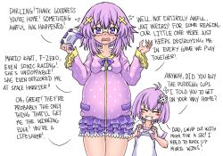  2girls blush closed_eyes closed_mouth commentary controller d-pad d-pad_hair_ornament deculture english_commentary english_text game_controller glasses hair_ornament highres mother's_day mother_and_child mother_and_daughter multiple_girls neptune_(neptunia) neptune_(series) open_mouth pajamas parent_and_child purple_hair short_hair sidelocks simple_background smile violet_eyes white_background 