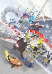  2boys absurdres backpack bag beard bird black_hair blue_eyes brown_helmet bunnelby canari_(pokemon) chinese_commentary claws commentary_request diggersby drilbur e_volution excadrill facial_hair fish fletchling gloves hard_hat hat heart helioptile helmet highres hippopotas hippopotas_(female) hippopotas_(male) hologram horns jacket krookodile ladder long_claws long_sleeves looking_at_viewer mani_(pokemon) mask mega_excadrill mega_pokemon multiple_boys old old_man one_eye_closed onix open_mouth outdoors patrat pokemon pokemon_(creature) pokemon_legends:_z-a scaffolding short_sleeves single_horn sky snake stunfisk tarragon_(pokemon) twintails white_gloves yellow_jacket 