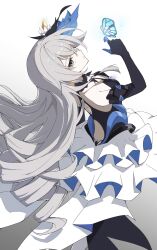  1girl absurdres back_cutout black_shirt black_sleeves bronya_zaychik bronya_zaychik_(herrscher_of_reason) bug butterfly clothing_cutout cowboy_shot detached_sleeves grey_eyes grey_hair hair_ornament hand_up highres honkai_(series) honkai_impact_3rd layered_skirt long_hair looking_at_viewer parted_lips shirt simple_background skirt solo torein_(and_rain3) white_background white_skirt 