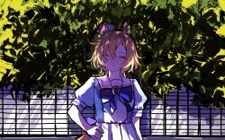  1girl animal_ears bow bowtie breasts closed_eyes closed_mouth crown hair_between_eyes hand_on_own_hip highres horse_ears horse_girl horse_tail mini_crown orange_hair orange_tail outdoors pink_crown pleated_skirt poposhika puffy_short_sleeves puffy_sleeves purple_bow purple_bowtie purple_shirt sailor_collar sailor_shirt school_uniform shirt short_hair short_sleeves skirt smile solo t.m._opera_o_(umamusume) tail tracen_school_uniform umamusume white_sailor_collar white_skirt 