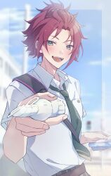 1boy absurdres bangs_pinned_back breast_pocket collared_shirt commentary curtained_hair ensemble_stars! eyes_visible_through_hair fingernails green_eyes green_necktie hair_ornament hairclip highres holding isara_mao looking_at_viewer male_focus necktie open_collar open_mouth outdoors pocket red_hair reijiro school_uniform shirt short_hair short_sleeves solo star_(symbol) teeth upper_body upper_teeth_only white_shirt wing_collar yumenosaki_school_uniform 