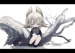  1girl animal_ears black_shoes black_sweater blonde_hair chibi chibi_only closed_eyes closed_mouth commentary_request expressionless grey_sweater_vest grey_vest hair_flaps highres kemonomimi_mode letterboxed light_blush madproject6 oekaki plaid_clothes plaid_sweater_vest plaid_vest shoes short_hair sidelocks sitting sitting_on_branch solo sweater sweater_vest urotsuki vest wolf_ears yume_2kki 