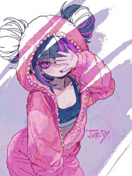  1girl artist_collaboration black_bra black_hair blunt_bangs blush bra character_name colorized commentary_request covering_one_eye double_bun flat_chest hair_bun han_juri han_juri_(outfit_3) highres hood hood_up jumpsuit looking_at_viewer marumaru1902 multicolored_hair nail_polish official_alternate_costume onesie open_onesie pink_jumpsuit purple_hair solo sports_bra streaked_hair street_fighter street_fighter_6 two-tone_hair underwear violet_eyes 