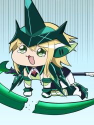  1girl akatsuki_kirika bare_shoulders blonde_hair boots broken broken_weapon chibi commentary_request detached_sleeves gradient_background green_background green_eyes headgear highres huge_weapon kanmiya_shinobu kneeling long_sidelocks open_mouth scythe senki_zesshou_symphogear short_hair sidelocks simple_background solo symphogear_pendant tearing_up tears weapon 