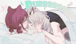  2girls animal_ears black_shirt blue_eyes blush brown_hair commentary_request couple girls_band_cry grey_hair highres iseri_nina kawaragi_momoka kemonomimi_mode long_hair low_twintails milk_puppy multiple_girls pout purring shirt short_hair short_twintails sleeveless sleeveless_shirt tail tiger_ears tiger_girl tiger_tail twintails white_shirt yuri 