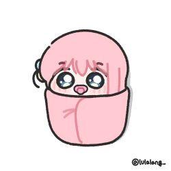  1girl aged_down baby blue_eyes blush bocchi_the_rock! chibi chibi_only gotoh_hitori hair_ornament highres looking_at_viewer lulalang pacifier pink_hair solo swaddled twitter_username white_background 