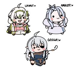  3girls absurdres ahoge animal_ears bearthewitch blue_butterfly blue_dress blue_hair bug butterfly butterfly_ornament chibi closed_mouth coat dress eyepatch ferret_ears ferret_girl fur_coat general_geega general_geega_(1st_costume) green_hair grey_hair hair_between_eyes highres indie_virtual_youtuber limealicious limealicious_(cozy) long_hair monarch_amalee monarch_amalee_(winter) multicolored_hair multiple_girls open_mouth overalls pink_overalls pointy_ears ponytail smile sweater two-tone_hair virtual_youtuber white_coat white_hair 