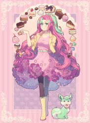  1girl animal aqua_eyes aqua_fur belt black_pantyhose blueberry boots cake cake_slice candy cheesecake chocolate chocolate-covered_food chocolate_cake chocolate_strawberry commentary commission cookie creature cropped_jacket cupcake dav-19 dessert doughnut dress english_commentary food frilled_dress frills fruit full_body green_belt green_hair hair_ribbon heart heart-shaped_chocolate heart-shaped_food highres holding holding_food horns jacket long_hair looking_at_viewer macaron multicolored_hair open_clothes open_jacket original pantyhose pink_dress pink_eyes pink_hair ponytail ribbon smile solo standing strawberry_shortcake sweets swiss_roll tart_(food) two-tone_hair very_long_hair yellow_boots yellow_jacket yellow_ribbon yume_kawaii 