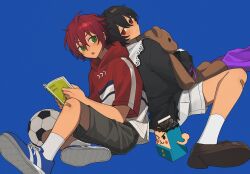  2boys aged_down ball bandaid bandaid_on_knee bandaid_on_leg black_shirt blanket blue_background blue_shoes book brown_shoes child commentary ensemble_stars! full_body green_eyes grey_shorts hair_between_eyes holding holding_book holding_stuffed_toy hood hood_down hoodie isara_mao looking_at_another male_focus multiple_boys open_mouth purple_ribbon red_eyes red_hair red_hoodie ribbon sakuma_ritsu shirt shoes short_hair shorts simple_background sitting sneakers soccer_ball socks stuffed_animal stuffed_toy teddy_bear use2x wariza white_shorts white_socks 