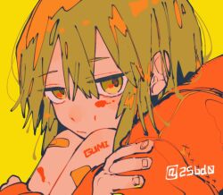  1girl 2sbd0 bandaid bandaid_on_knee bandaid_on_leg body_writing brown_pupils close-up closed_mouth commentary dot_nose eyes_visible_through_hair fingernails from_side green_background green_eyes green_hair gumi hugging_own_legs jacket medium_hair orange_jacket paint_splatter solo twitter_username vocaloid 