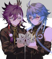  2boys absurdres alternate_costume antenna_hair banzoin_hakka black_shirt blue_hair blue_nails braid braided_bangs detached_sleeves earrings expressionless feather_hair_ornament feathers flower hair_ornament hairclip highres holostars holostars_english jewelry long_hair long_sleeves male_focus multicolored_hair multiple_boys multiple_braids nail_polish neck_ribbon nesaki octavio pink_eyes pom_pom_(clothes) ponytail purple_hair red_nails ribbon shirt short_hair single_hair_streak streaked_hair tassel tri_braids upper_body virtual_youtuber white_hair yellow_ribbon 