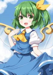  1girl ascot blue_skirt blue_sky blue_vest blush breasts clouds collared_shirt commentary_request daiyousei day fairy_wings green_eyes green_hair hair_ribbon highres holding_own_skirt looking_at_viewer medium_hair one_side_up open_mouth puffy_short_sleeves puffy_sleeves ribbon ruu_(tksymkw) shirt short_sleeves skirt skirt_set sky small_breasts smile solo touhou vest white_shirt wings yellow_ascot yellow_ribbon 
