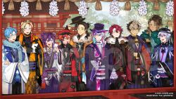  6+boys :d ahoge alternate_costume altventurer_(regis_altare) animal_charm aqua_eyes architecture argyle_clothes argyle_kimono axel_syrios axelotl_(axel_syrios) banzoin_hakka beard_stubble belt black_belt black_coat black_gloves black_hair black_hakama black_hat black_kimono blonde_hair blue_eyes blue_hair blue_scarf blush boater_hat box braid brown_hair bubby_(goldbullet) charm_(object) closed_eyes coat coat_on_shoulders collar copyright_notice creature crimzon_ruze crossed_arms dark-skinned_male dark_skin donation_box east_asian_architecture everyone eyewear_on_head facial_hair feather_hair_ornament feathers fingerless_gloves frilled_collar frilled_sash frilled_shirt frilled_sleeves frills fur-trimmed_coat fur_scarf fur_trim gavis_bettel gloves goldbullet green_eyes green_scarf hair_ornament hair_stick hairclip hakama hakkito_(banzoin_hakka) half_updo hat hatsumode hetero hiimtae_sb holding holding_creature holding_paper holostars holostars_english japanese_clothes josuiji_shinri jurard_t_rexford kimono koipanion_(josuiji_shinri) long_hair low_ponytail low_side_ponytail machina_x_flayon machiroon_(machina_x_flayon) male_focus multicolored_hair multicolored_kimono multiple_boys multiple_braids neck_ribbon new_year obi octavio official_art omamori open_mouth orange_collar orange_kimono outdoors own_hands_together paper peaked_cap phantom_(gavis_bettel) pink_eyes pink_hair pointy_ears pom_pom_(clothes) ponytail poppet_(octavio) praying purple_hair purple_hakama red_hair red_hat red_kimono red_sash red_streaks regis_altare ribbon ruzader_(crimzon_ruze) sample_watermark sash scarf shirt short_hair shrine side_ponytail smile sorawrity_(jurard_t_rexford) sparkle streaked_hair stubble sunglasses tassel top_hat tree tri_braids two-tone_hair violet_eyes virtual_youtuber watermark white_hair white_kimono white_ribbon x_hair_ornament yagasuri 