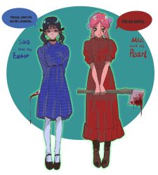  2girls alien_stage arms_behind_back axe black_shoes blood blood_on_axe blood_on_face blue_dress blue_eyes boots brown_boots character_name chinese_commentary commentary_request cosplay curly_hair dress english_text esther_(orphan) esther_(orphan)_(cosplay) green_eyes halloween highres holding holding_axe knife long_dress mary_janes mizi_(alien_stage) multiple_girls orphan_(movie) pantyhose pearl_douglas pearl_douglas_(cosplay) red_dress sadahalu_ai_la_shi shoes sua_(alien_stage) twintails white_pantyhose x_trilogy 