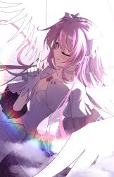  1girl chinese_commentary choker commentary_request dress gloves goddess_madoka highres kaname_madoka mahou_shoujo_madoka_magica one_eye_closed pink_hair shiyan_ying solo white_choker white_dress white_gloves white_wings wings 