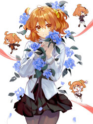  1girl black_pantyhose black_skirt blue_flower chaldea_master_uniform chibi command_spell commentary fate/grand_order fate_(series) flower fujimaru_ritsuka_(female) fujimaru_ritsuka_(female)_(mage's_association_uniform) fujimaru_ritsuka_(female)_(polar_chaldea_uniform) hair_between_eyes hair_ornament hair_scrunchie highres holding holding_flower igg_88154 long_sleeves looking_at_viewer orange_eyes orange_hair pantyhose pleated_skirt saint_quartz_(fate) scrunchie shirt side_ponytail skirt white_background white_shirt 