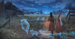  2girls bird black_hair blue_sky braid broken broken_fence brown_hair building capelet chicken clouds commentary cow dress farm fence ghost holding holding_lantern lantern long_hair monokubo multiple_girls night original outdoors pig piglet red_capelet red_dress ruins scenery single_braid sky star_(sky) starry_sky surreal twitter_username untranslatable_commentary walking wide_shot 
