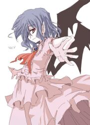  1girl bat_wings blue_hair closed_mouth commentary_request cowboy_shot hair_between_eyes layered_skirt medium_hair missing_headwear mochiki open_hand pink_shirt pink_skirt pointy_ears profile red_eyes remilia_scarlet shirt simple_background skirt solo touhou white_background wings 