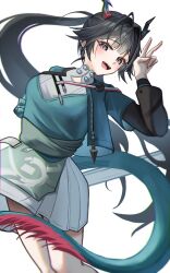 1girl arknights arknights:_endfield arm_behind_back black_eyes black_hair black_horns blush chen_qianyu_(arknights) commentary_request dragon_girl dragon_horns dragon_tail eastern_dragon_horns eastern_dragon_tail feet_out_of_frame fingernails green_jacket hand_up highres horns jacket long_fingernails long_hair looking_at_viewer meryi miniskirt open_clothes open_jacket open_mouth short_sleeves simple_background skirt solo tail teeth v white_background white_skirt 