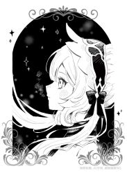  1girl bare_shoulders bonnet bow breath closed_mouth collar commentary_request dark_background detached_collar dress from_side genshin_impact greyscale hair_bow hair_ornament headdress highres miyamiyayaaaa monochrome sandrone_(genshin_impact) short_hair_with_long_locks solo winter 