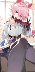  1girl absurdres animal_ears black_gloves black_pantyhose black_skirt blue_eyes closed_mouth commentary_request evanescia_(honkai:_star_rail) flower fox_ears fox_girl gloves hair_between_eyes hair_flower hair_ornament hand_up highres honkai:_star_rail honkai_(series) indoors knee_up long_sleeves looking_at_viewer merah_drow mouth_hold pantyhose partially_fingerless_gloves pink_hair shirt sitting skirt smile solo v white_shirt 