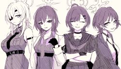  4girls bare_shoulders black_choker black_hair blue_archive breasts choker commentary_request dress_over_shirt eyepatch fantomyu fuyu_(blue_archive) gloves hair_ornament hairclip halo highres ichika_(blue_archive) jacket large_breasts long_hair medium_hair mole multiple_girls necktie prototype_design school_uniform shirt short_hair sleeveless sleeveless_shirt subaru_(blue_archive) suou_(blue_archive) white_shirt wolf_cut 