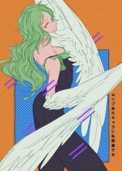  1girl blue_background commentary_request green_hair long_hair looking_at_viewer monet_(one_piece) one_piece orange_background pemu_op profile smile solo white_wings wings yellow_eyes 