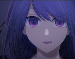  1girl commentary_request dark_background eyelashes highres hoshino_ai long_hair looking_at_viewer open_mouth oshi_no_ko portrait rayamamami simple_background smile solo star-shaped_pupils star_(symbol) straight-on symbol-shaped_pupils violet_eyes 