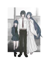  1boy 2girls ^_^ aged_down arms_at_sides belt black_hair black_neckerchief black_pants black_shoes blue_eyes blue_hair blue_shirt blue_skirt blue_socks border bow breast_pocket brown_belt chihaya_(clothing) closed_eyes collared_shirt facing_viewer family father_and_child father_and_daughter floating_hair hair_between_eyes hair_bow hair_intakes hair_over_shoulder hand_on_another's_shoulder high_ponytail highres light_smile long_hair long_skirt looking_at_viewer minato_hikaru minato_kageaki minato_subaru mother_and_child mother_and_son multiple_girls neckerchief necktie open_mouth outside_border pants parent_and_child pocket ponytail red_necktie sailor sailor_collar sandals sash shirt shoes short_hair sidelocks skirt socks soukou_akki_muramasa standing straight-on v wams01110011 white_border white_bow white_sash white_shirt white_skirt white_socks wide_sleeves 