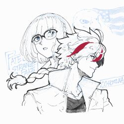 1boy 1girl ahoge american_flag artist_name bald_eagle beak bird blue_eyes braid buttons closed_mouth collarbone collared_jacket copyright_name eagle english_text fate/strange_fake fate_(series) floating_hair glasses hair_between_eyes high_collar highres jacket long_hair looking_to_the_side looking_up low-braided_long_hair low-tied_long_hair monochrome multicolored_hair nyantcha open_clothes open_jacket red_hair richard_i_(fate) richard_i_(second_ascension)_(fate) sajou_ayaka_(fate/strange_fake) shirt short_hair side_braid simple_background single_braid smile star_(symbol) star_print streaked_hair sweatdrop t-shirt teeth upper_body 